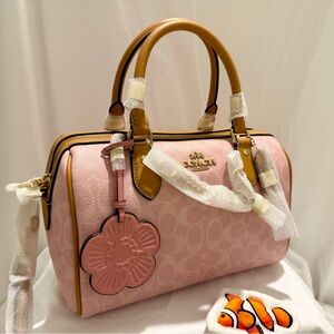NWT Coach Medium Rowan Satchel Bag In Signature Canvas Charms Powder Pink CEA18